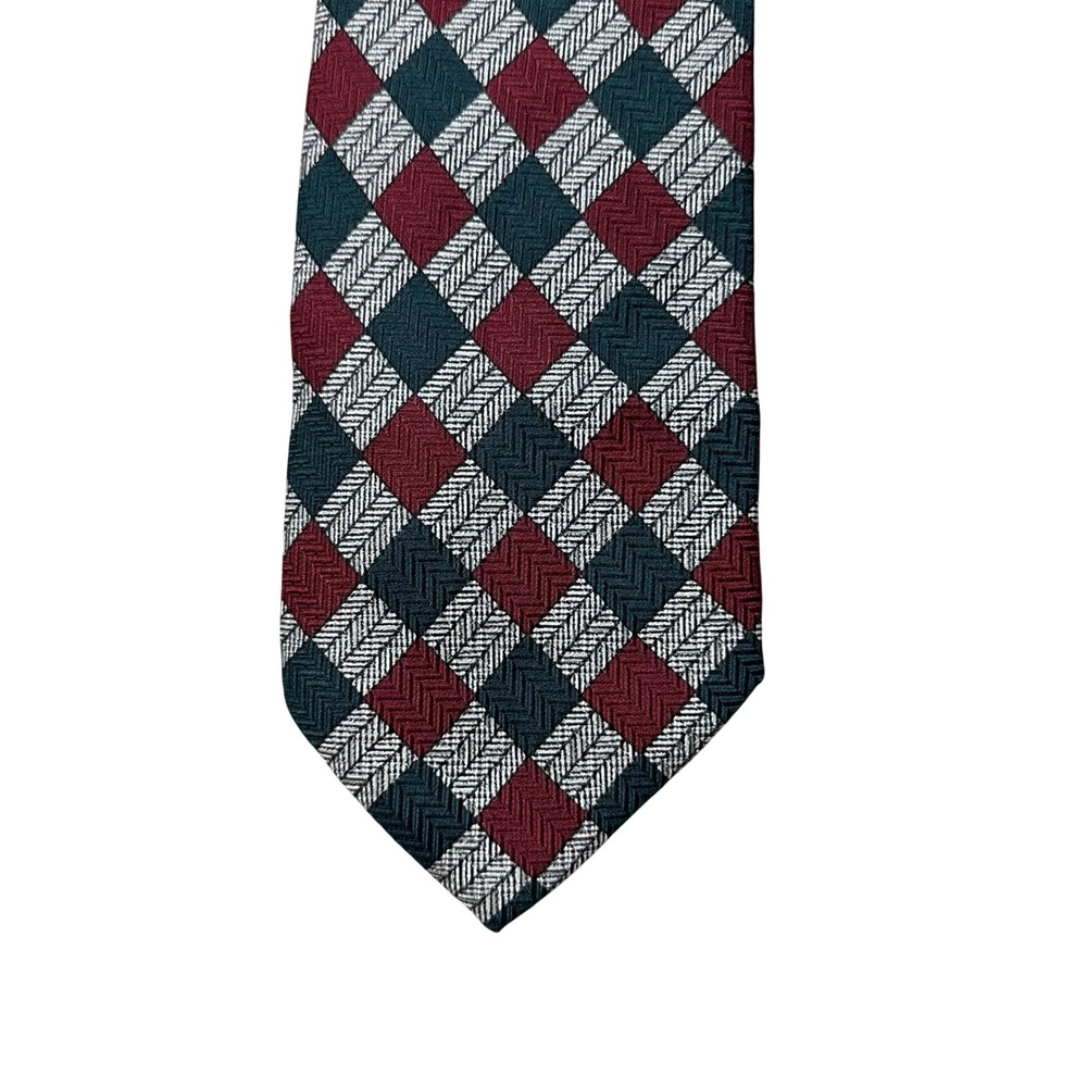 Echo Mens Silk Tie Burgundy Green Silver Harlequin Diamond Herringbone Vintage